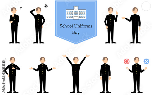 学ランを着た男子生徒のポーズセット、疑問・困る・指さし・話すetc