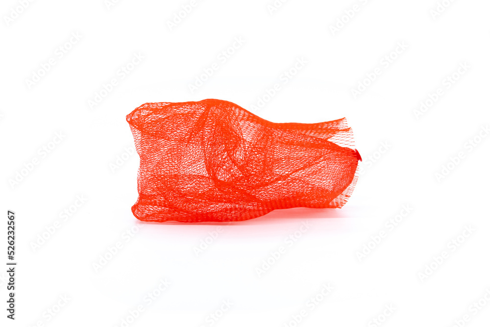 Closeup of red plastic mesh bag isolated on white background Closeup of red plastic mesh bag isolated on white background