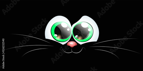 Cartoon black cat face in the dark. Halloween concept.