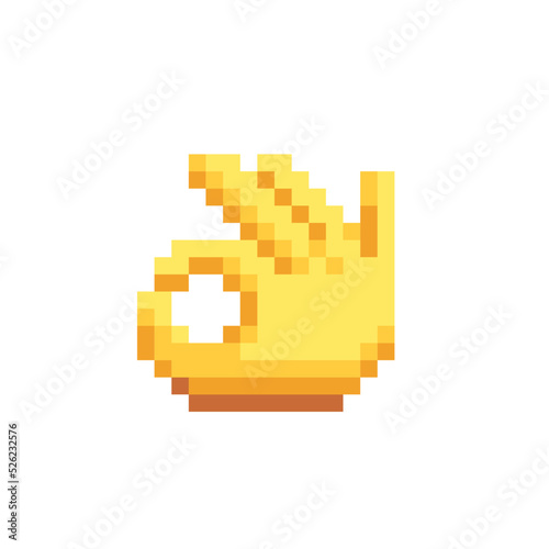Ok hand. Pixel art icon. Flat style. 8-bit. Sticker design. Isolated abstract vector illustration.