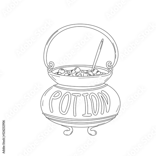 Cartoon witch cauldron with magic potion for Halloween, isolated. Black and white vector illustration for coloring book, doodle style, clip art.