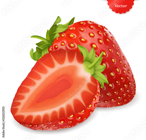 Whole and slice of strawberry realistic 3d vector illustration isolated on white background
