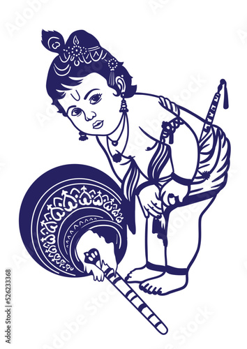 Illustration of young Lord Krishna stealing the butter from a pot.