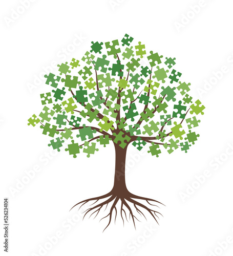 Abstract tree with leaves made of a green puzzles and roots. Isolated on white background. Flat style, vector illustration.