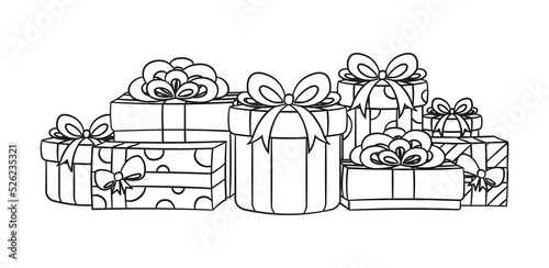 Colorful festive gifts, boxes and presents outline cartoon illustration. Christmas or birthday gifts with bows. Coloring book page printable activity worksheet for kids.
