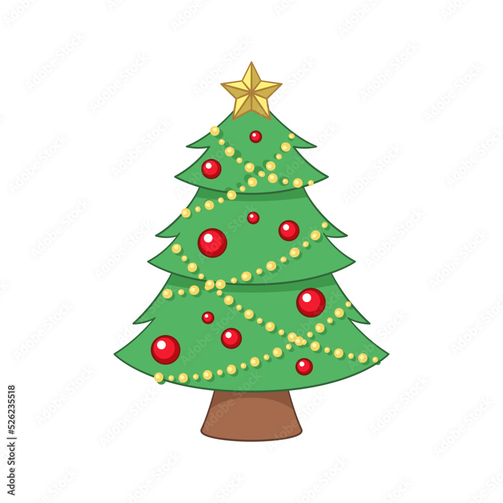 Christmas tree with fairy lights, ornaments and golden star cartoon illustration Christmas tree with fairy lights, ornaments and golden star cartoon illustration