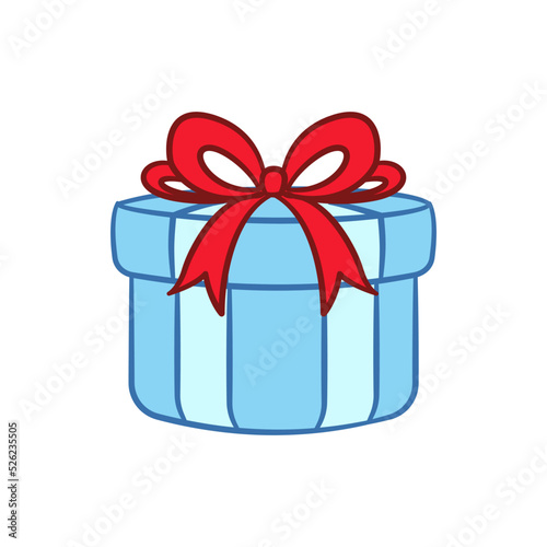 Round gift box with bow cartoon. Christmas or birthday present illustration.