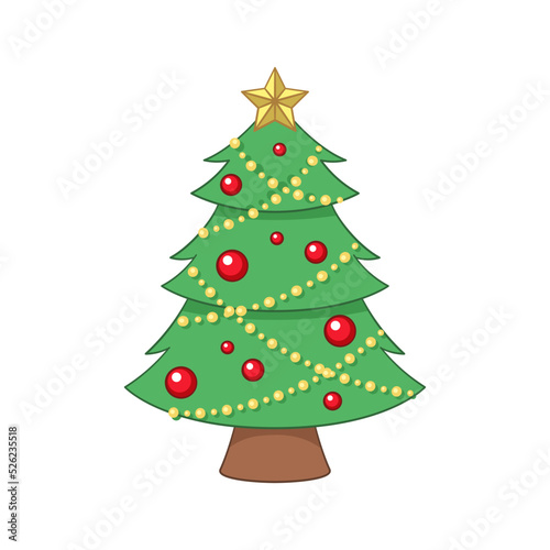 Christmas tree with fairy lights, ornaments and golden star cartoon illustration