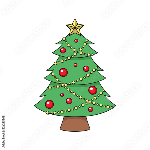 Christmas tree with fairy lights  ornaments and golden star cartoon illustration