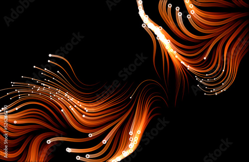Orange flowing particles on black background. Illustration.