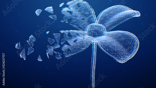 3D mesh of flower isolated on blue background. 3D illustration.