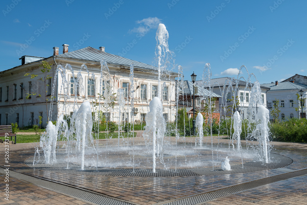 City fountain on the old Trading Square close-up on a sunny summer day, Ustyuzhna