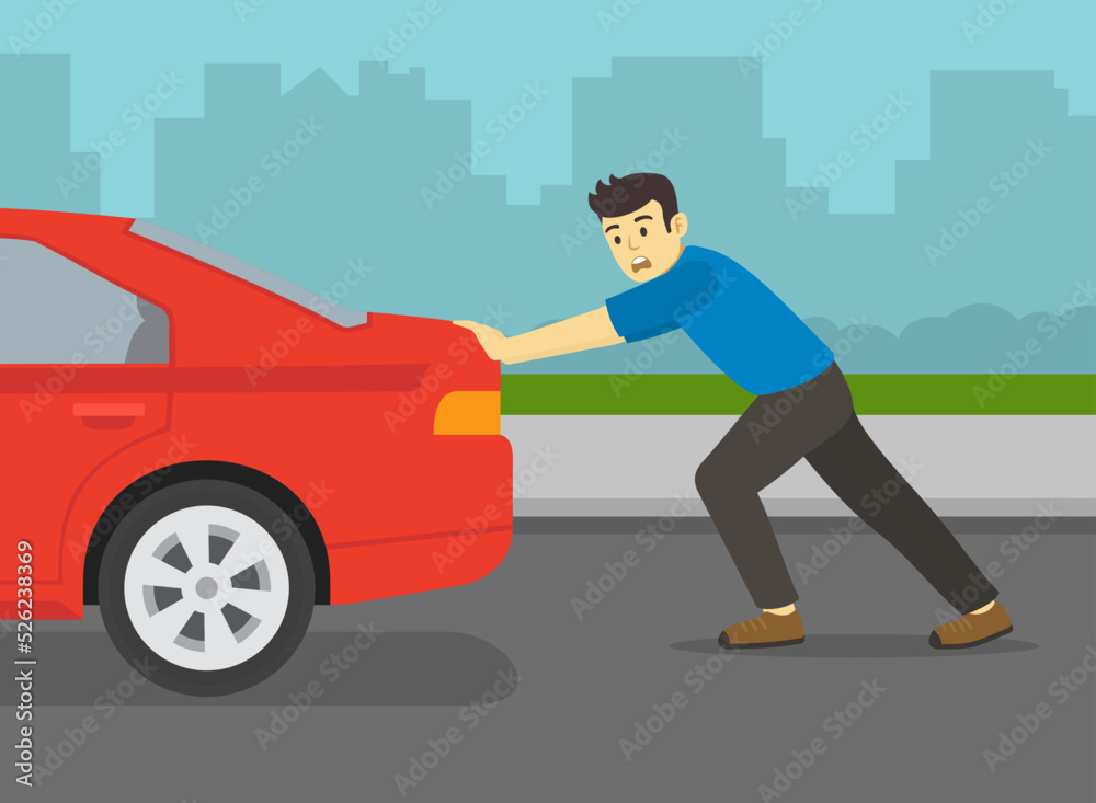 Safe driving tips and rules. Young man pushing a broken red car on a city road. Flat vector