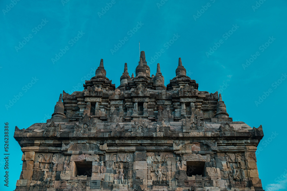 Plaosan Temple, a Buddhist temple relic of the ancient Mataram kingdom with a magnificent building and still very clean with a blue sky background Plaosan Temple, a Buddhist temple relic of the ancient Mataram kingdom with a magnificent building and still very clean with a blue sky background