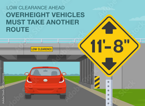 Safe driving tips and traffic regulation rules. "Low clearance" ahead, overheight vehicles must take another route. Red car is reaching a low bridge. Flat vector illustration template.