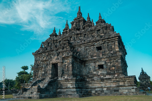 Plaosan Temple, a Buddhist temple relic of the ancient Mataram kingdom with a magnificent building and still very clean with a blue sky background