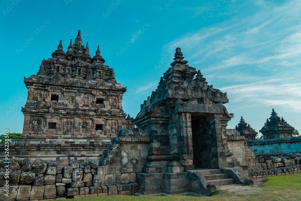 Plaosan Temple, a Buddhist temple relic of the ancient Mataram kingdom with a magnificent building and still very clean with a blue sky background