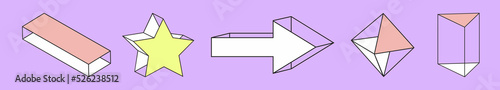 Set of geometric shapes: octahedron, triangular prism, parallelepiped, star, and arrow. Isometric.