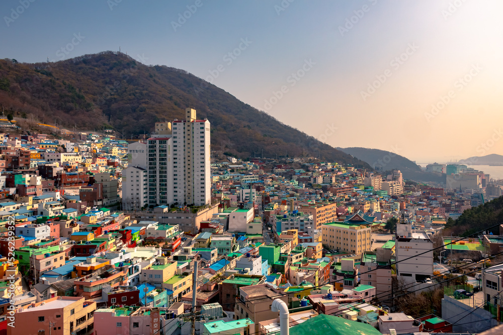 Colorful city village houses view of Gamcheon Cultural Village and mountains in Busan South Korea during sunset