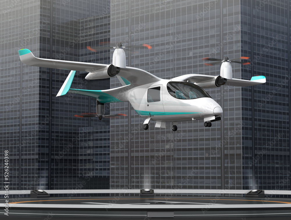 Electric VTOL passenger aircraft taking off from the helipad. Urban