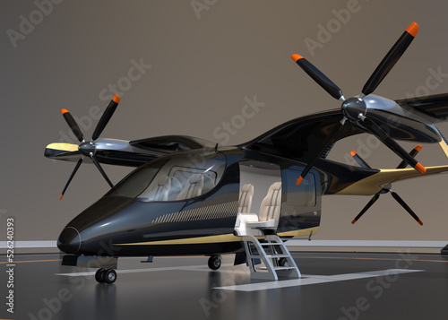 Close-up view of Electric VTOL passenger aircraft parking on the helipad. Urban Passenger Mobility concept. 3D rendering image.