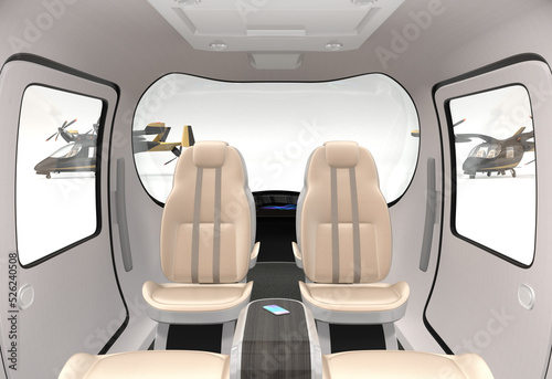 Interior of Electric VTOL passenger aircraft wiht recling seat and autopilot function. 3D rendering image. photo