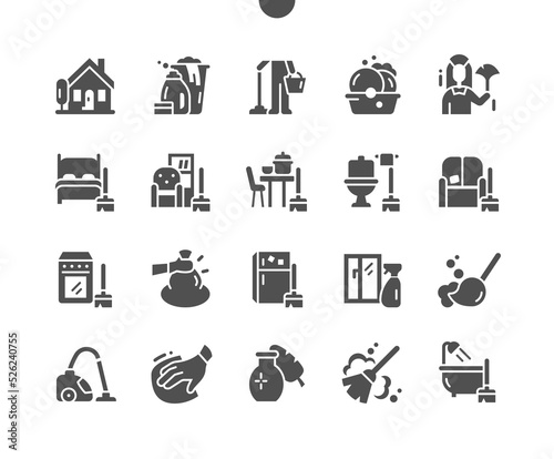 House cleaning. Sweep. Trash bag. Cleaning service. Clean window. Vector Solid Icons. Simple Pictogram