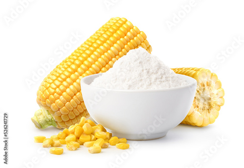 Photos Corn starch with fresh corn seeds isolated on white background.