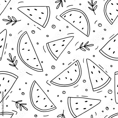 Seamless pattern with slices of watermelon and bubbles on a white background. Ideal for fabric, textile, prints, scrapbooking, wrapping paper, coloring book pages for kids