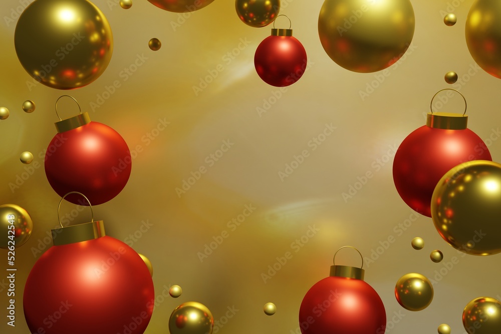 3d render of beautiful flying golden and red Christmas baubles on a gold background 3d render of beautiful flying golden and red Christmas baubles on a gold background