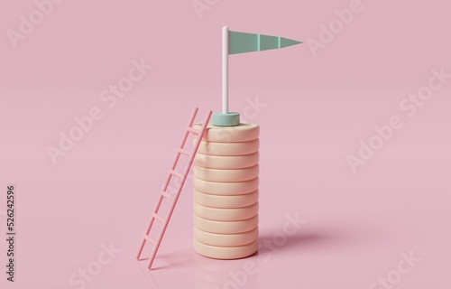 Ladder leaning on coin stack with flag on top, setting financial goal, planning to collect wealth from investment concept, 3d render illustration.