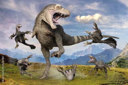 ダコタラプトルが複数で1匹の大きなティラノサウルスに戦いを挑む恐竜の戦い。 © iARTS_stock