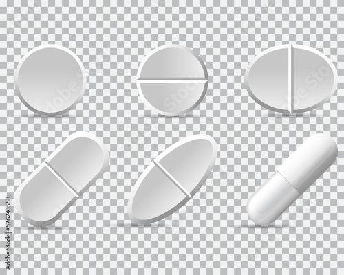Capsule pills on transparent background. 3d Realistic White Medical Pill Icon Set Closeup. Pharmacy treatment. Vector.
