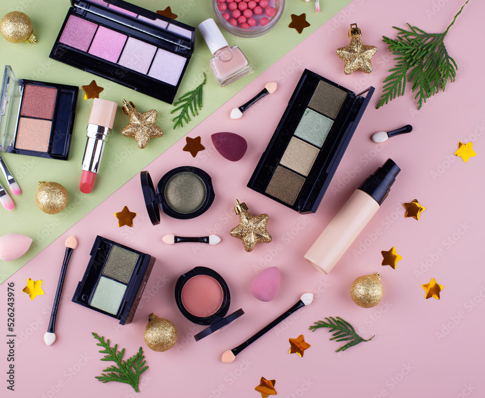 Fototapeta premium Christmas decorative make up cosmetics.