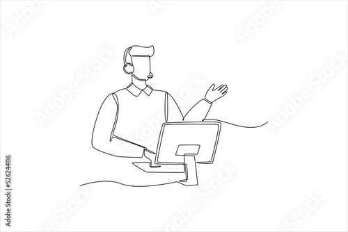 Single one line drawing Operator with headset and computer doing live feedback. Customer service concept. Continuous line draw design graphic vector illustration.