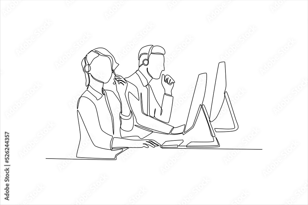 Single one line drawing team of customer service executive calling with customer about product complaint. Customer service concept. Continuous line draw design graphic vector illustration.