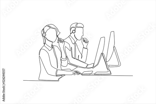 Single one line drawing team of customer service executive calling with customer about product complaint. Customer service concept. Continuous line draw design graphic vector illustration.