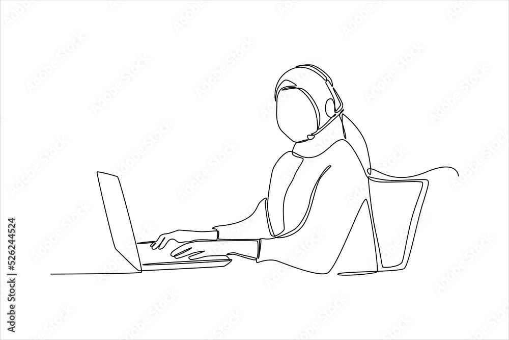 Single one line drawing Hijab Woman Customer Service and Call Center Thumbs Up. Customer service concept. Continuous line draw design graphic vector illustration. Single one line drawing Hijab Woman Customer Service and Call Center Thumbs Up. Customer service concept. Continuous line draw design graphic vector illustration.