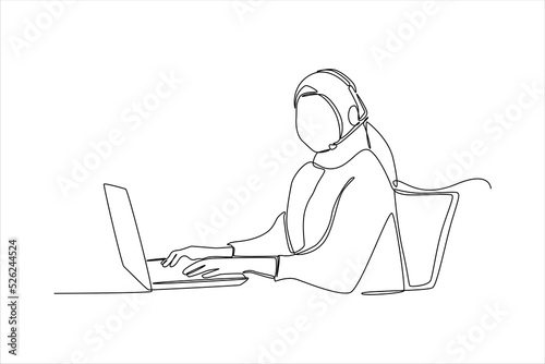 Single one line drawing Hijab Woman Customer Service and Call Center Thumbs Up. Customer service concept. Continuous line draw design graphic vector illustration.