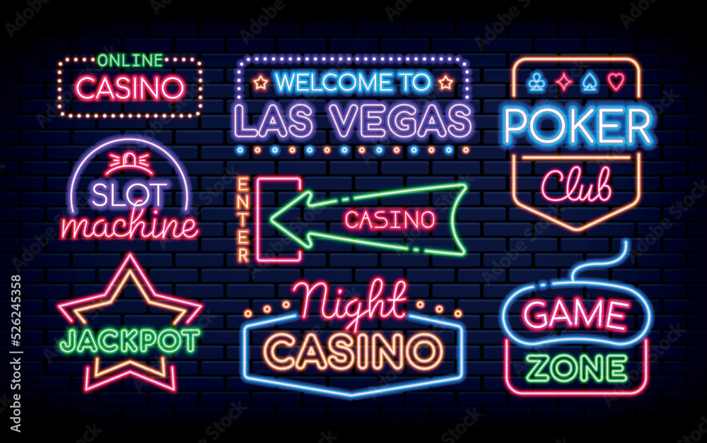 Neon casino signs. Gambling billboards. Jackpot or big win. Slot machine. Lighting fortune games entertainment club. Online 777 signboard. Bet winner luck. Vector graphic design icons set