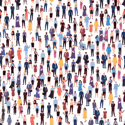 People crowd. Community pattern. Group of age persons. Culture ethnic festival. Society diversity. Multiethnic population. Standing men or women. Human network. Vector seamless background