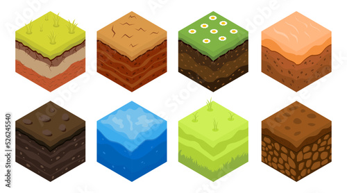 Isometric soil  land ground for game background. Sand and grass  desert and water texture  different cube pieces  cross field landscape. Underground layers. Vector square parts illustration
