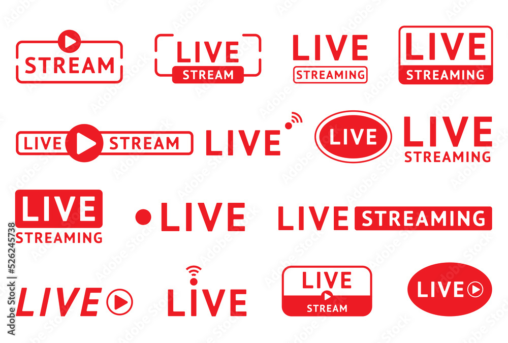 Live stream, broadcast and online event icon. Education in radio studio, graphic livestream media channel logo, tv button. Streaming red labels and stickers. Vector background text Live stream, broadcast and online event icon. Education in radio studio, graphic livestream media channel logo, tv button. Streaming red labels and stickers. Vector background text