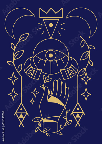 Boho poster. Blue square card with outline mystic shapes. Hand and celestial eye. Stars and crescent. Plants with leaves. Magical amulets. Witchcraft and alchemy. Vector Bohemian banner