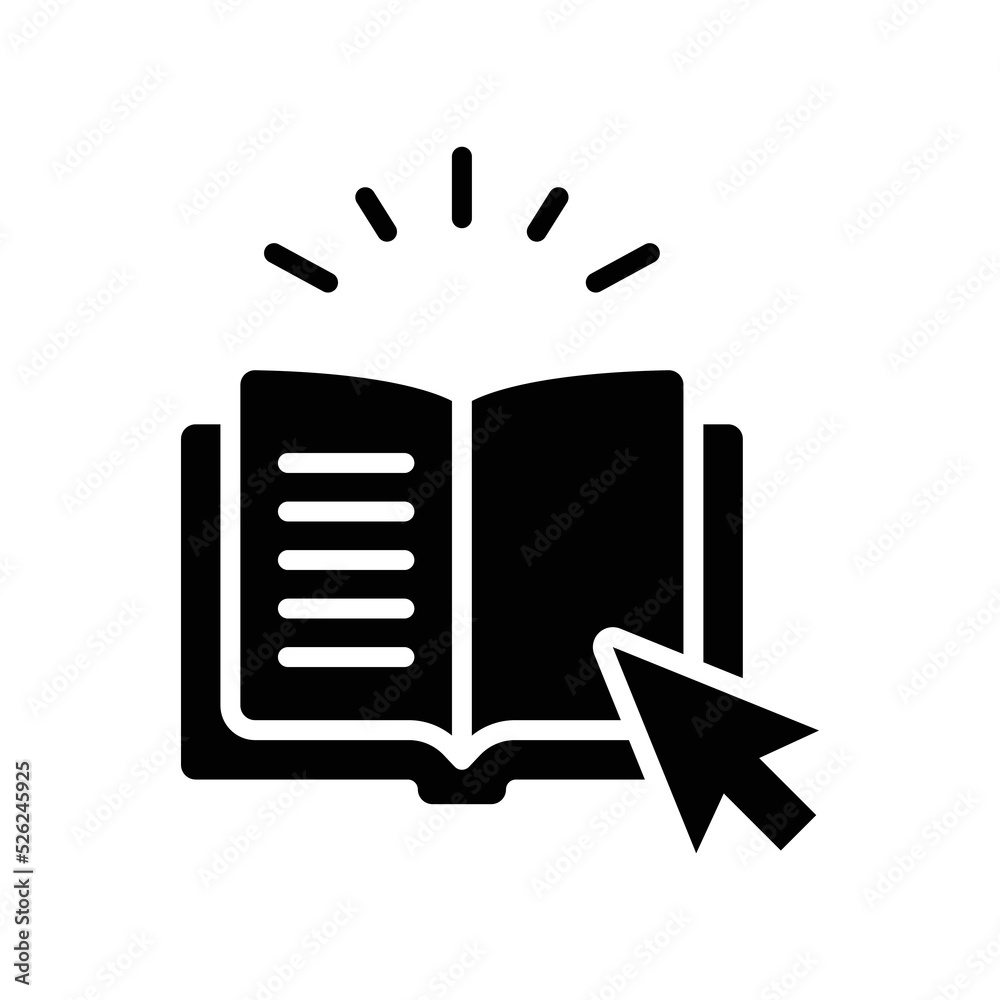 Online library icon. Simple solid style. Open book with cursor, digital course, e-learning, internet education concept. Glyph vector illustration isolated on white background. EPS 10. Online library icon. Simple solid style. Open book with cursor, digital course, e-learning, internet education concept. Glyph vector illustration isolated on white background. EPS 10.