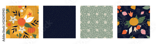 Abstract flower pattern set, spring floral fruits and simple ornaments. Modern tropical plants, summer geometric texture. Decor textile, wrapping paper. Vector seamless background