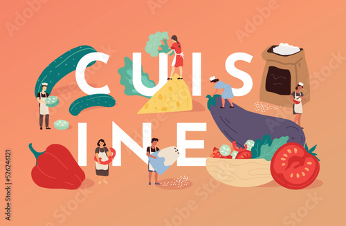People cooking food. Cuisine word banner. Restaurant meal. Huge vegetable ingredients. Persons with salt cellar and product slices. Women preparing salad. Pizza cafe. Vector cartoon concept