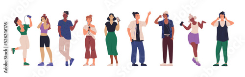 People listen to music in phone. Happy teenage persons dance with smartphone and headset. Girl and man holding devices. Standing young characters enjoy songs. Vector illustration set