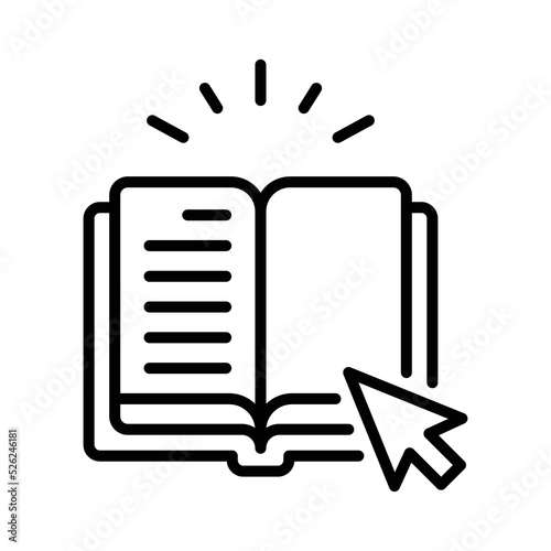 Online library icon. Simple outline style. Open book with cursor, digital course, e-learning, internet education concept. Thin line vector illustration isolated on white background. EPS 10.