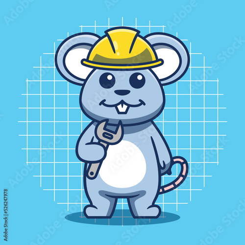 Cute mouse wearing construction hat and holding wrench vector illustration.